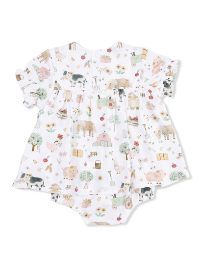 Child's romper suit featuring a pastel farm animal print on a white background.