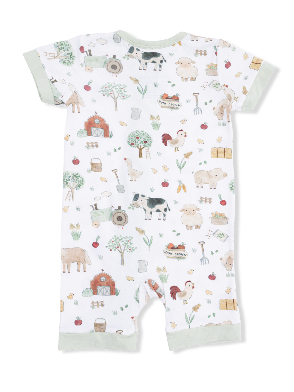 Children's farm-themed romper with animals, barns, and agricultural designs in soft colors.