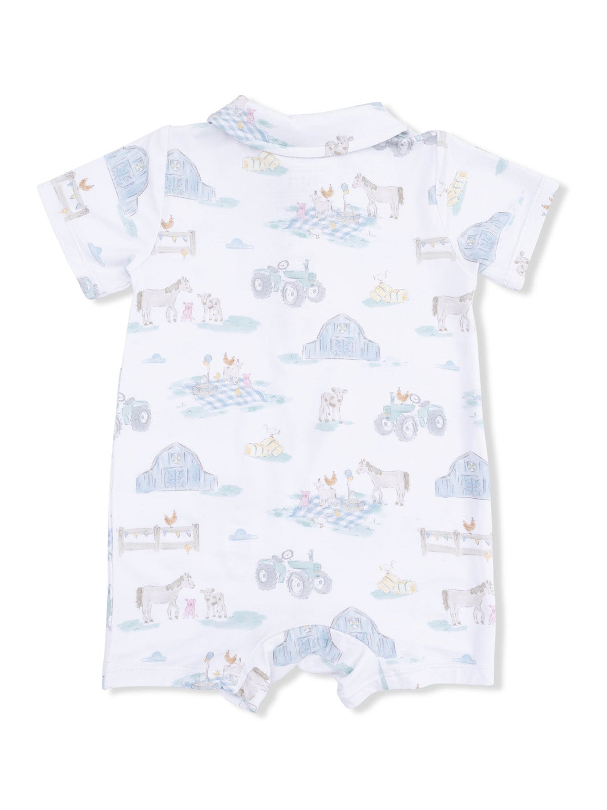 White baby romper featuring a farm animal print with tractors, barns, and playful designs in soft colors.
