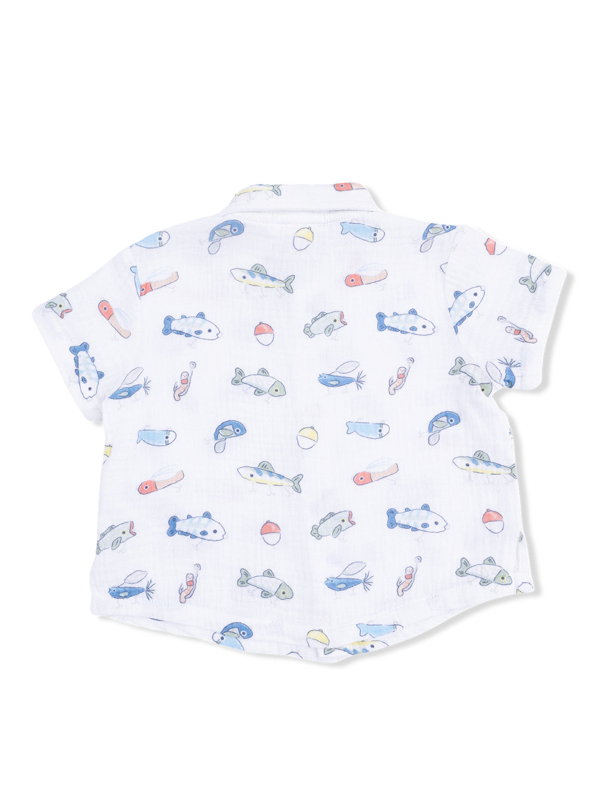 White shirt with colorful fish and fishing-themed print on the back. Short sleeves and collar design.