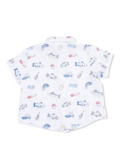 White shirt with colorful fish and fishing-themed print on the back. Short sleeves and collar design.