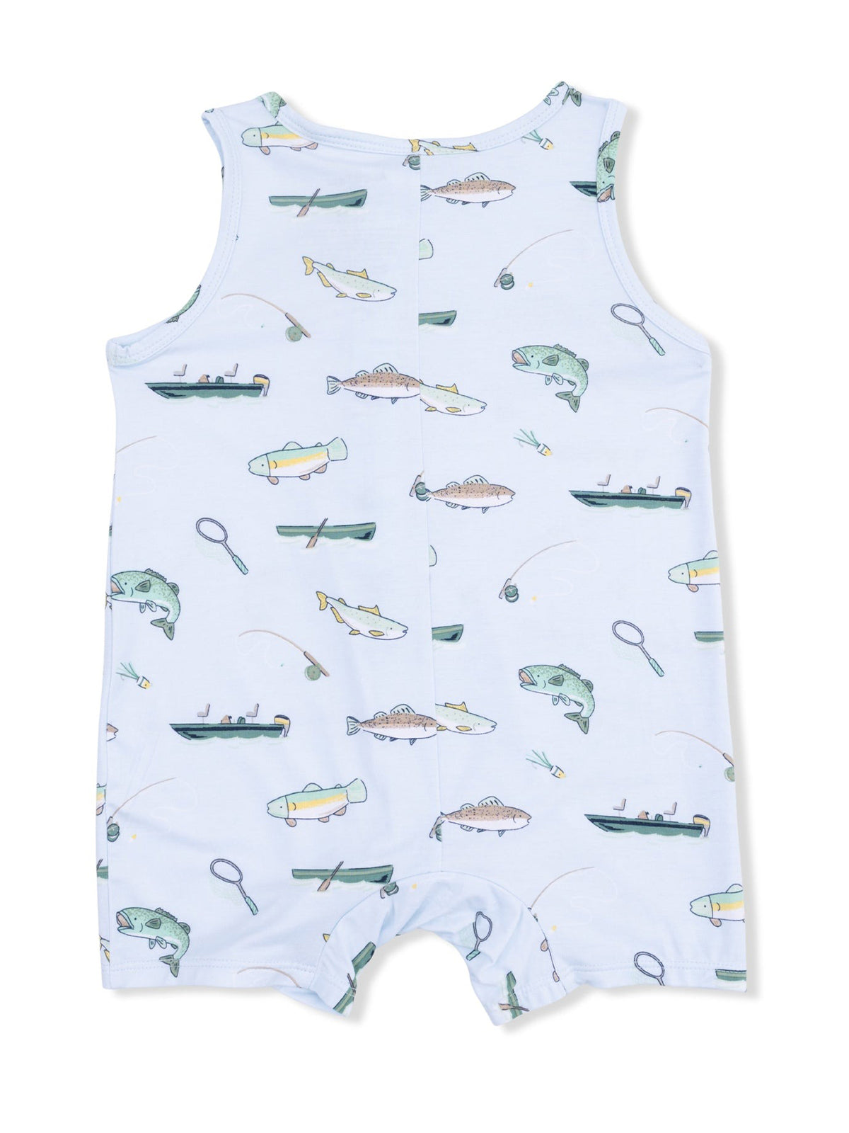 Light blue baby romper with fish and fishing-themed patterns, perfect for outdoor adventures.