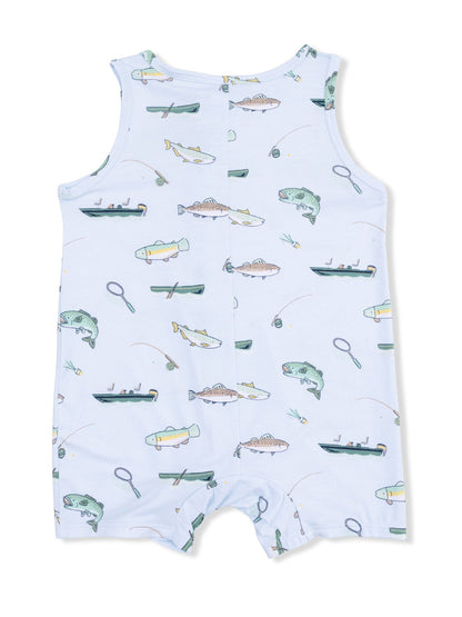 Light blue baby romper with fish and fishing-themed patterns, perfect for outdoor adventures.