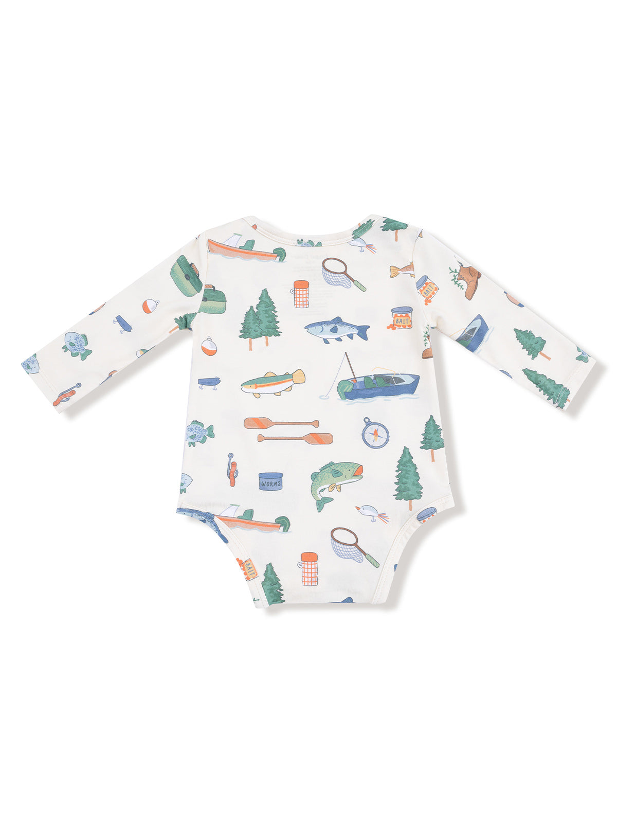 White baby onesie with colorful outdoor-themed prints, including fish, boats, and trees.