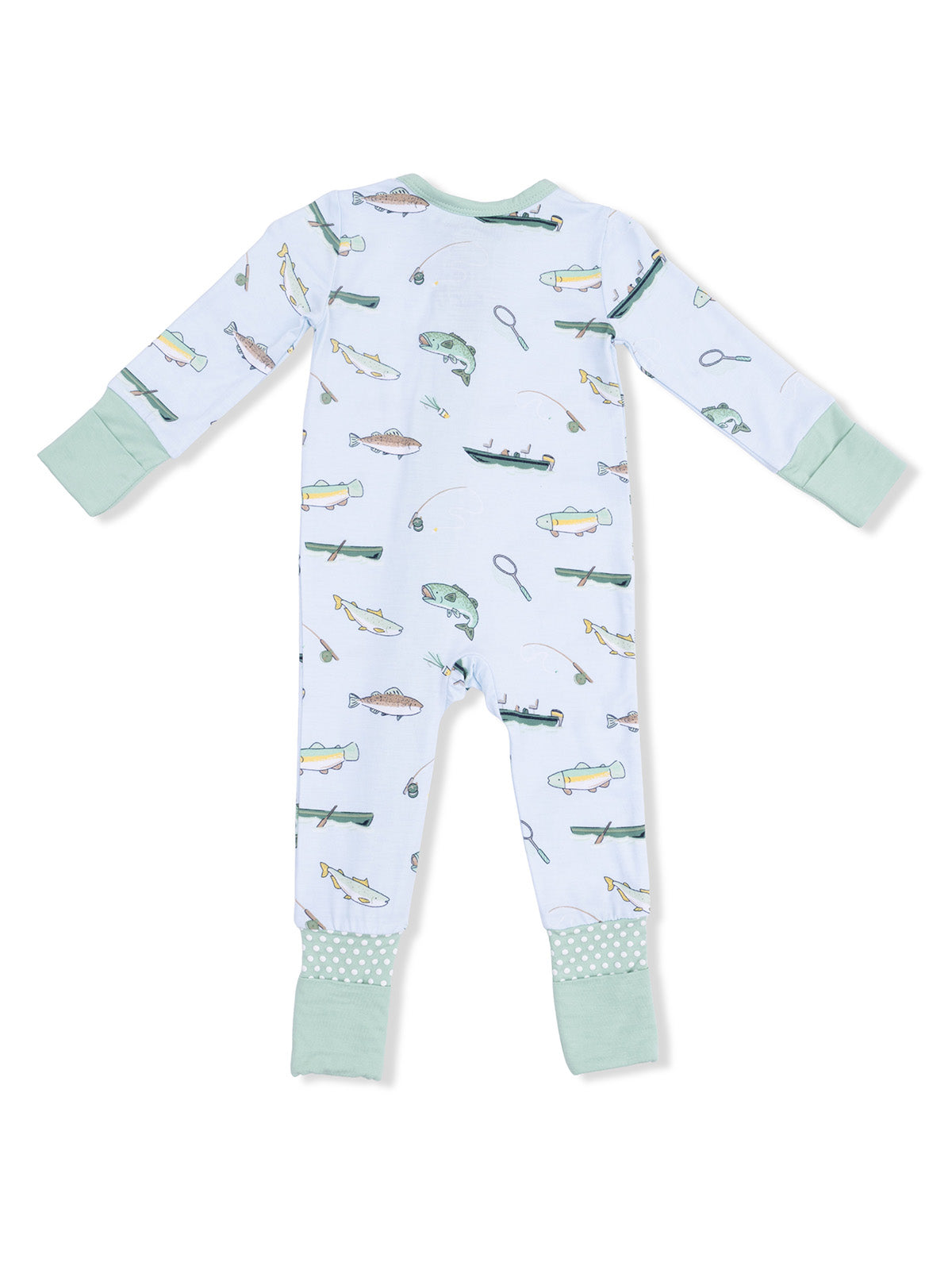 Back view of a children's pajama in light blue, featuring a fishing theme with fish, boats, and fishing gear prints.