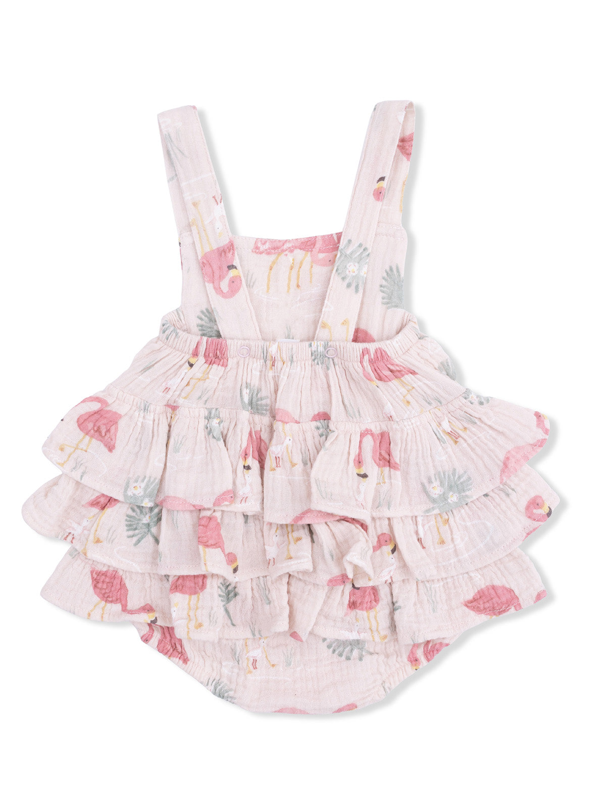 Pink baby romper with ruffles, featuring a flamingo and floral print. Perfect for warm weather outings.