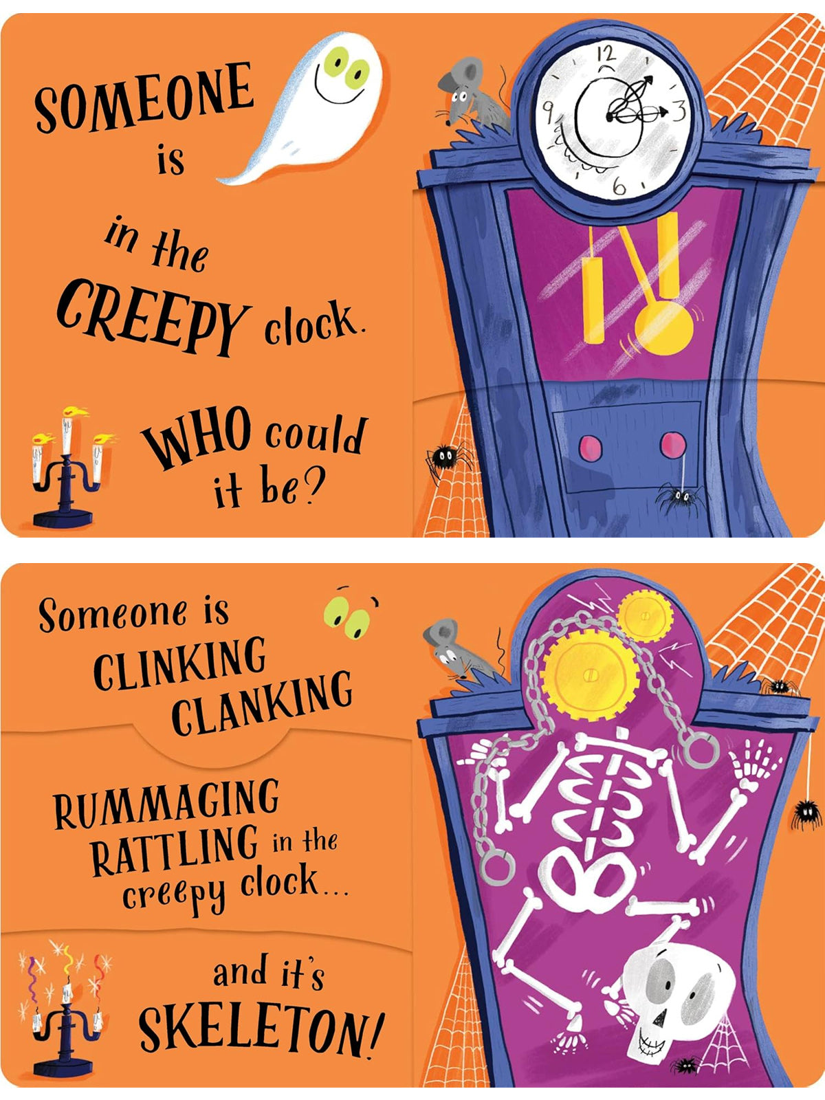 Illustration of a spooky clock with a ghost and spider, featuring a skeleton inside. Text invites curiosity about its identity.