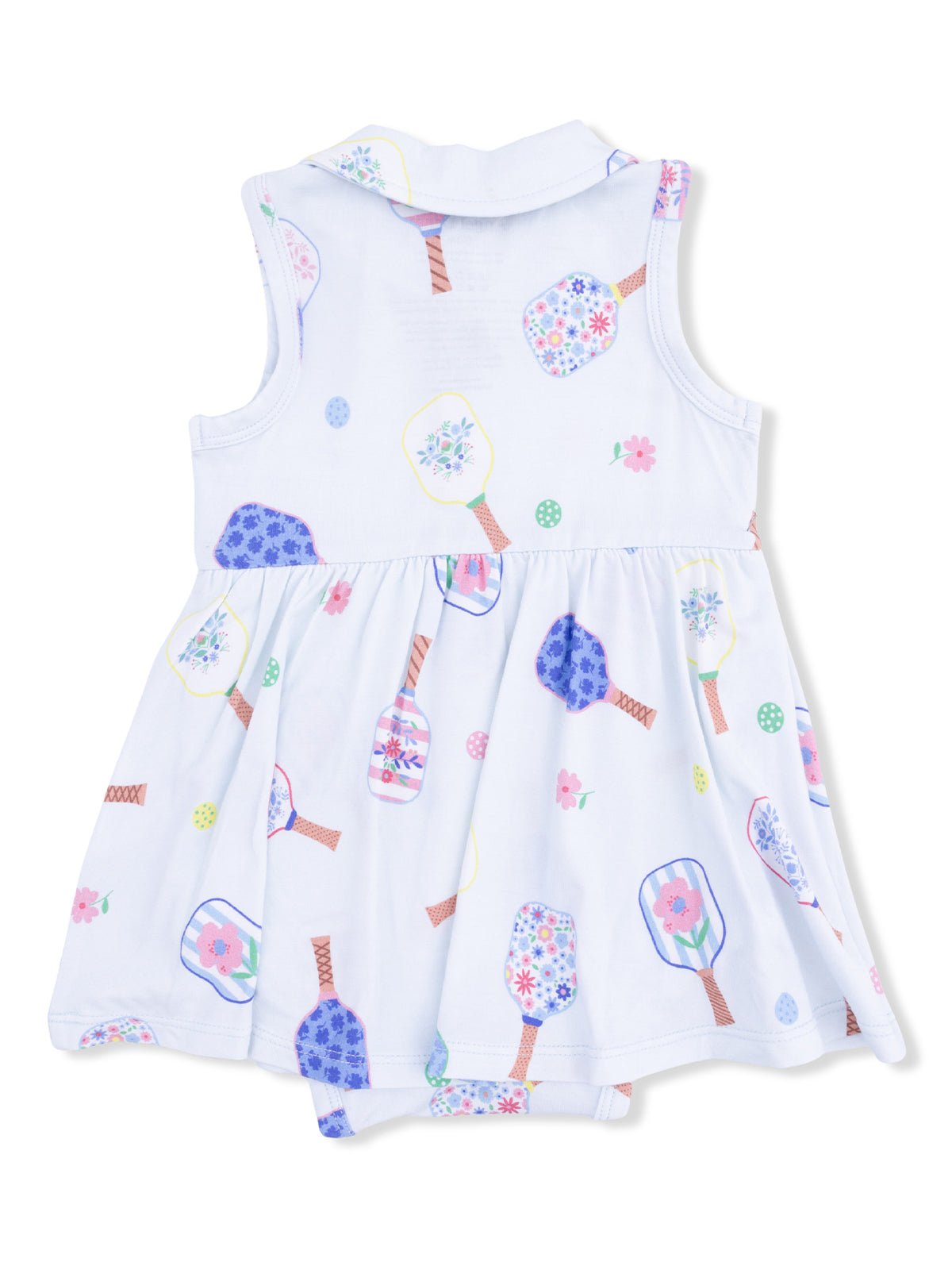 Light blue dress with colorful floral and fan patterns, featuring a collared neckline and a flared skirt.