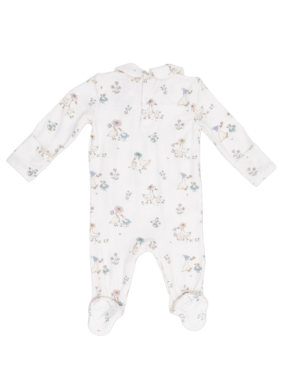 Cream-colored baby onesie with whimsical floral and animal prints, featuring long sleeves and footed design.