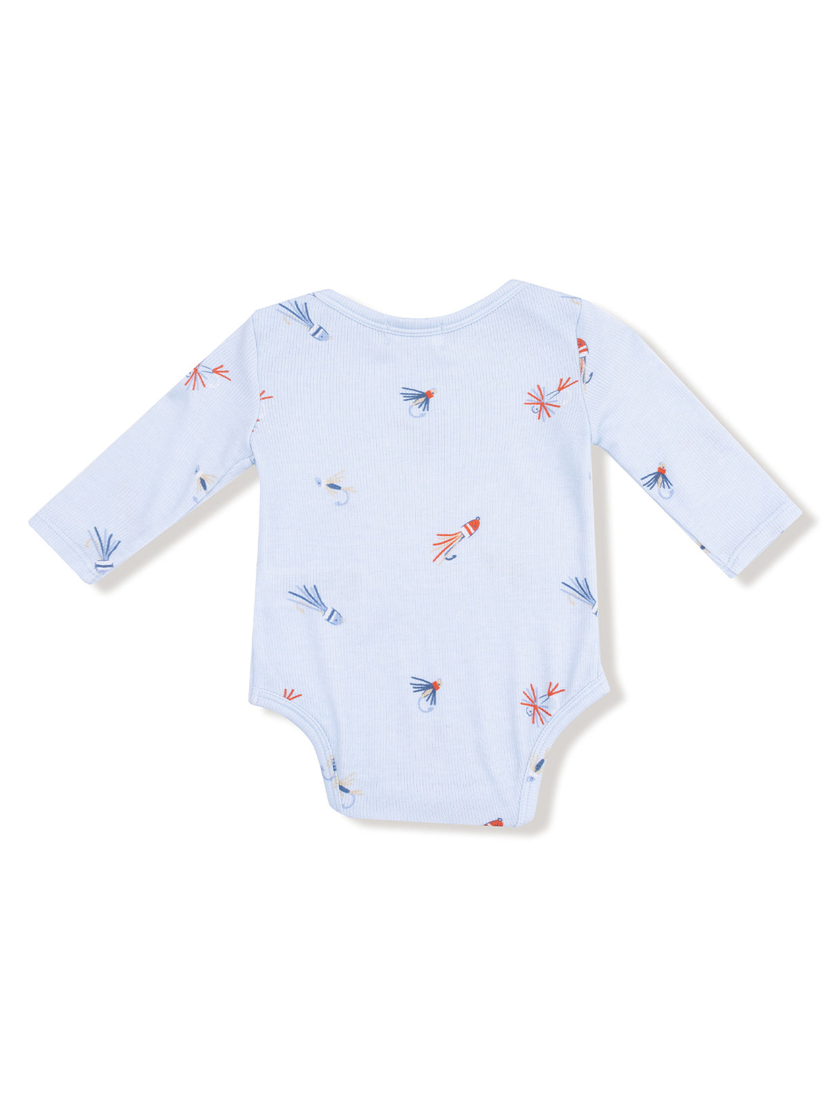 Light blue baby bodysuit with colorful fish patterns on the back and long sleeves. Perfect for infants.