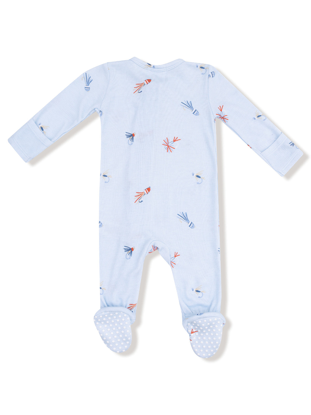 Light blue baby romper with playful fish prints, featuring footed design and long sleeves.