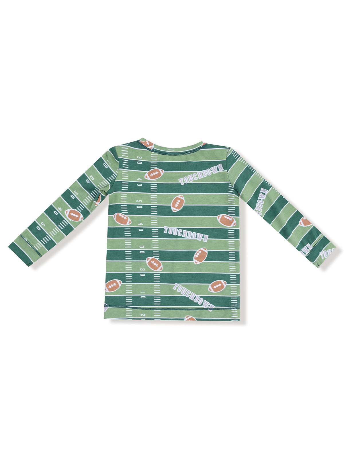 Green long-sleeve shirt featuring a football field design with "Touchdown" text and football graphics.