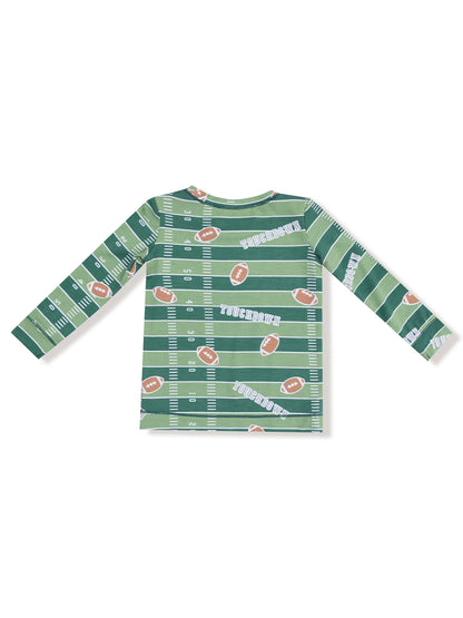 Green long-sleeve shirt featuring a football field design with "Touchdown" text and football graphics.