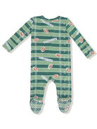 Green football-themed onesie with "Touchdown" text and football prints on a striped background.