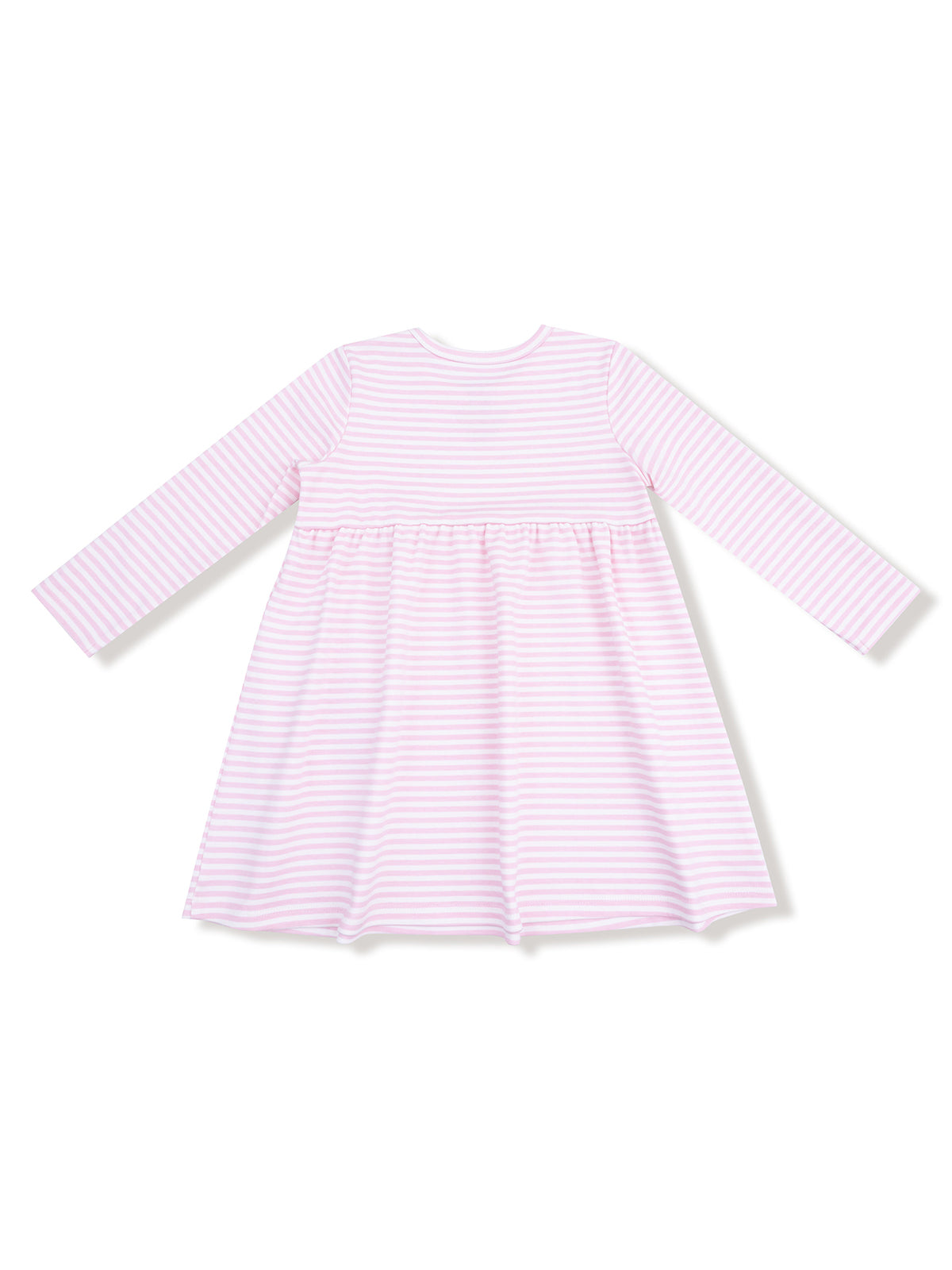 Long-sleeve pink and white striped dress, fitted bodice with a flared skirt.