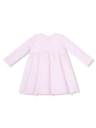 Long-sleeve pink and white striped dress, fitted bodice with a flared skirt.
