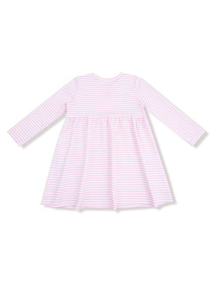 Long-sleeve pink and white striped dress, fitted bodice with a flared skirt.