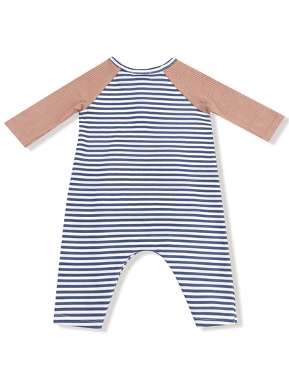 Back view of a striped romper with blue and white stripes and pink long sleeves. Ideal for baby clothing collections.