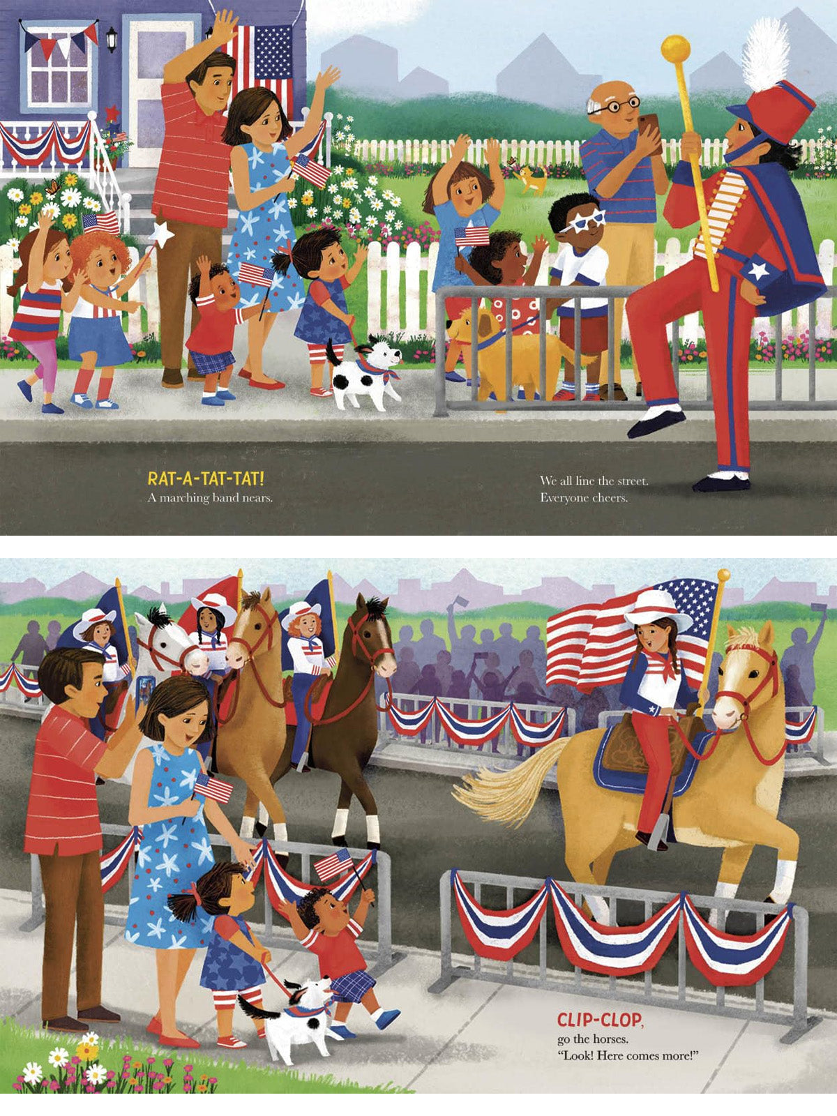 Children and adults cheer and wave flags during a festive parade with a marching band and horses.