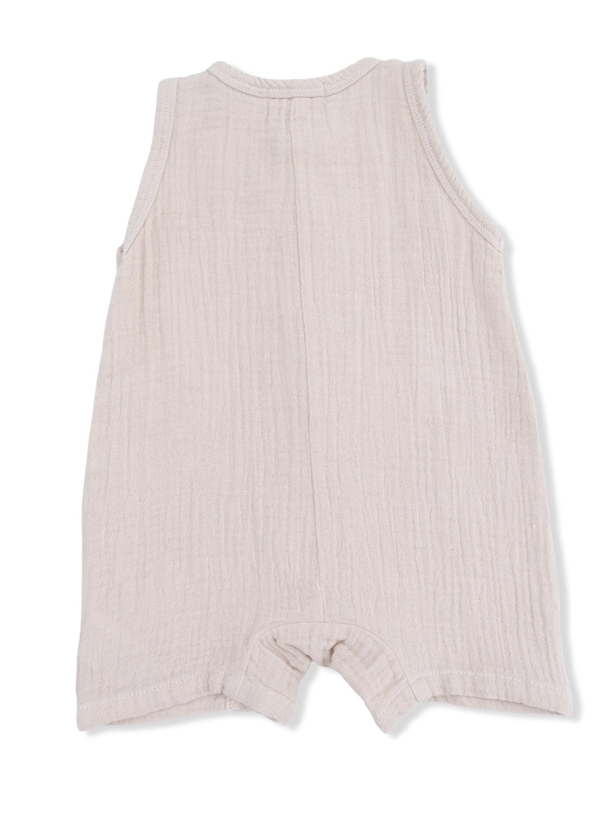 Beige sleeveless baby romper made of soft, textured fabric, featuring a back view and snap closure at the bottom.