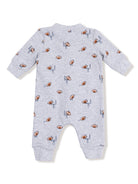 Gray baby onesie with a football and goalpost pattern, featuring long sleeves and footed pants.