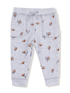Gray sweatpants with a football print, featuring pockets and an adjustable drawstring waist.