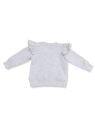 Gray sweatshirt with ruffled shoulder details, viewed from the back. Ideal for casual wear.