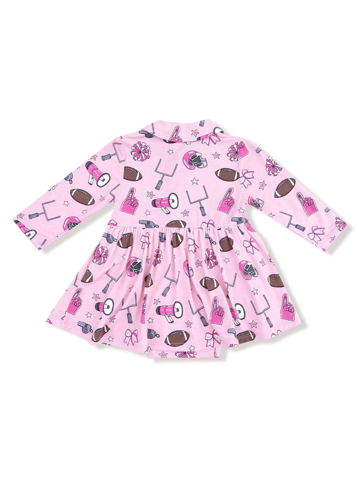 Pink dress with football and cheerleading patterns, featuring long sleeves and a flared skirt.