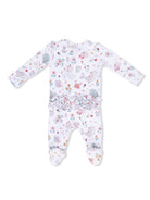 White baby onesie with colorful sea creature and flower patterns, featuring a ruffled back and footed design.