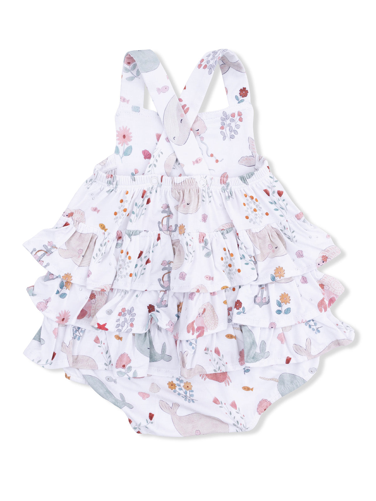 White baby dress with ruffles, featuring colorful animal and floral prints. Perfect for summer outings.