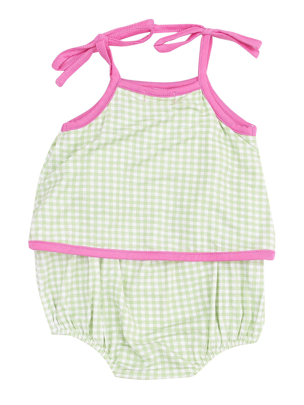 Green and white checkered baby swimsuit with pink trim and adjustable shoulder ties.