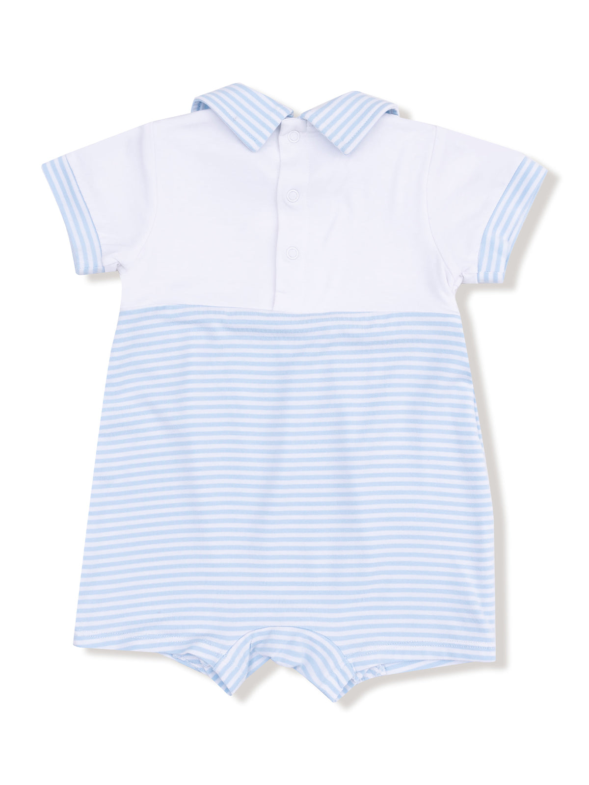 Light blue and white striped baby romper with a collar and button closure. Ideal for warm weather outings.