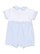 Light blue and white striped baby romper with a collar and button closure. Ideal for warm weather outings.