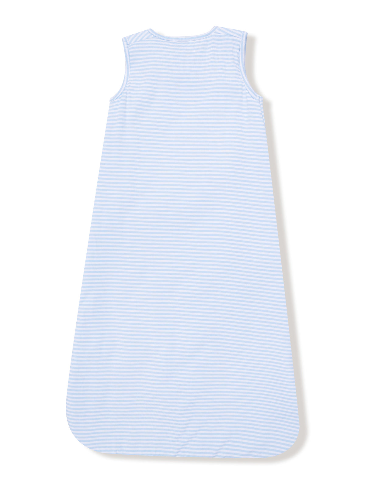 Light blue striped sleep sack for infants, sleeveless design, offering warmth and comfort for baby sleep.