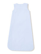 Light blue striped sleep sack for infants, sleeveless design, offering warmth and comfort for baby sleep.