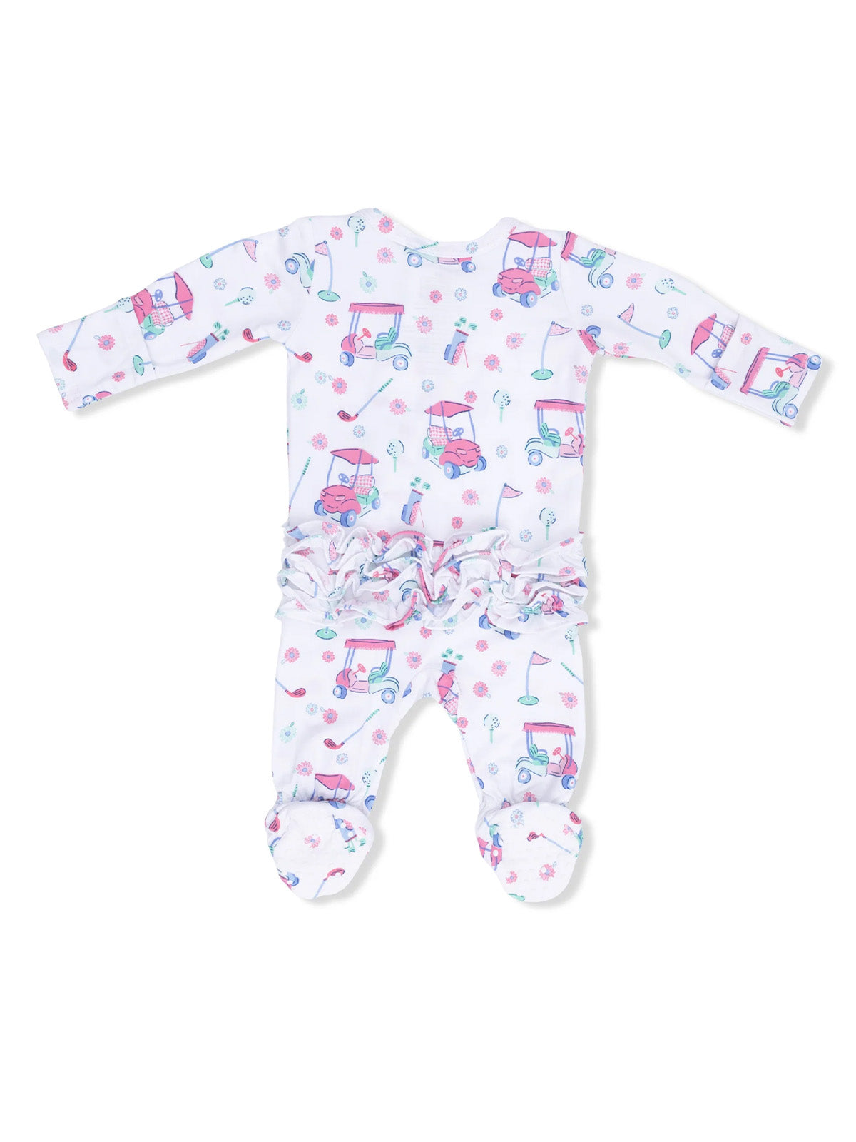 White baby onesie with colorful golf cart patterns and ruffled bottom, ideal for playful infants.