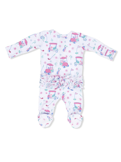 White baby onesie with colorful golf cart patterns and ruffled bottom, ideal for playful infants.
