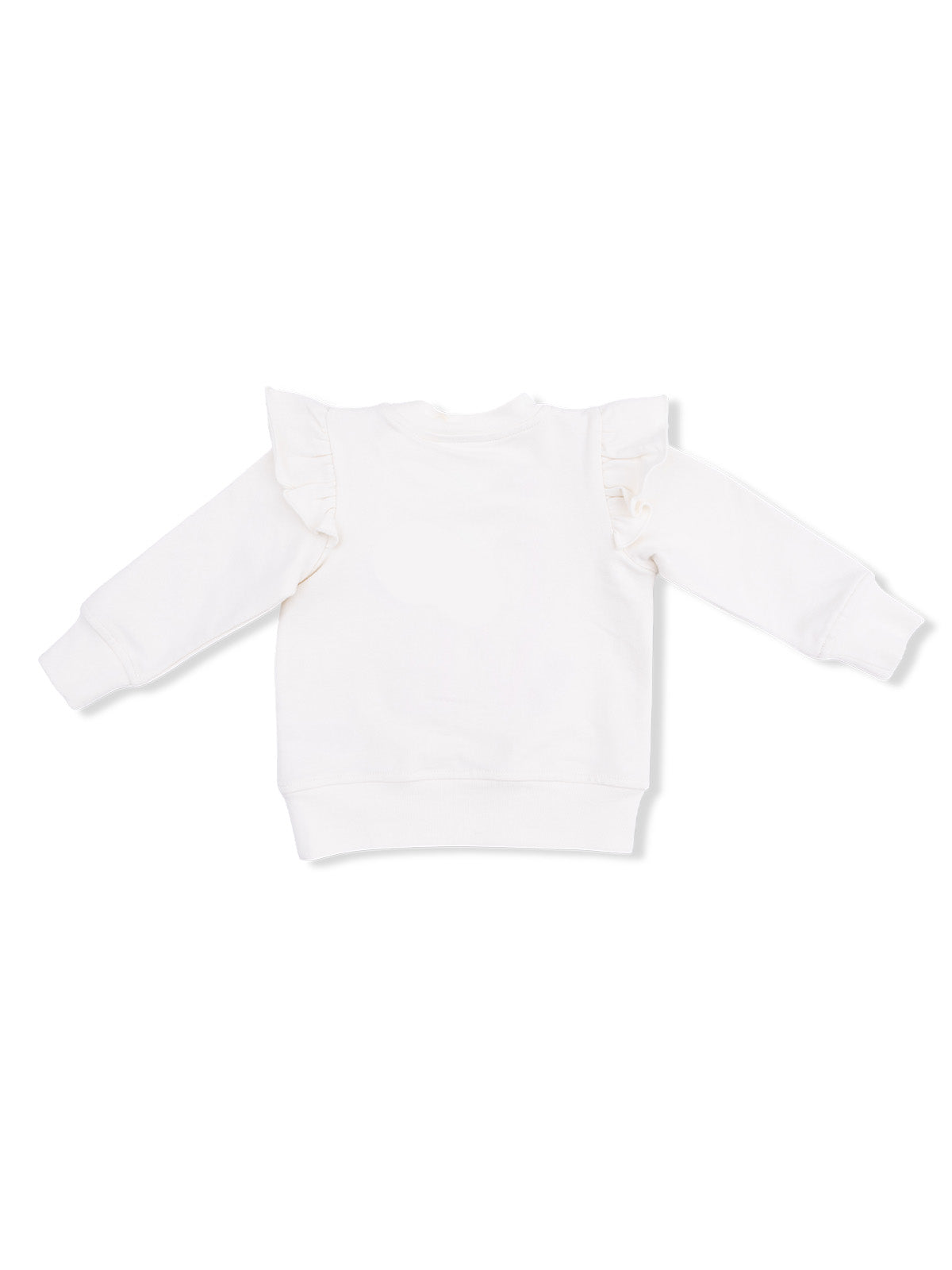 White long-sleeve sweatshirt with ruffled shoulder details, viewed from the back.