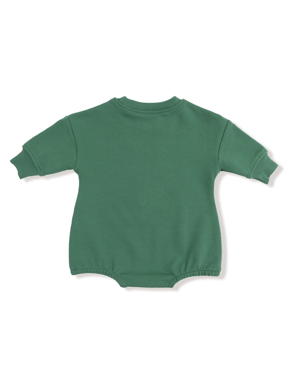 Green long-sleeve onesie with a round neckline and elastic leg openings, viewed from the back.