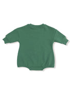 Green long-sleeve onesie with a round neckline and elastic leg openings, viewed from the back.