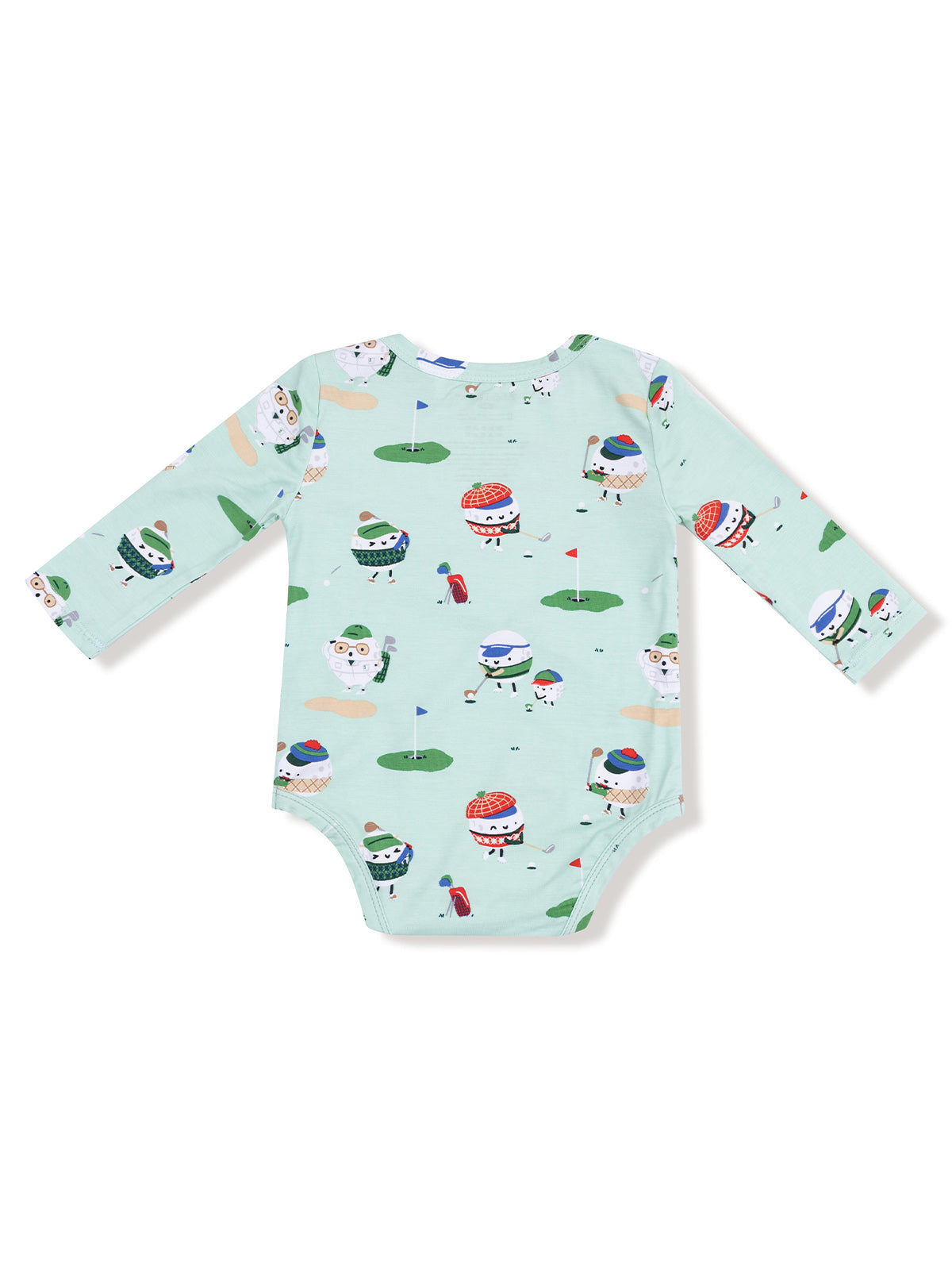 Light blue baby onesie with whimsical golf-themed prints and long sleeves. Ideal for infants.