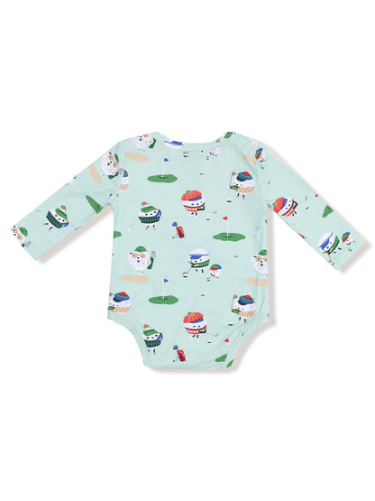 Light blue baby onesie with whimsical golf-themed prints and long sleeves. Ideal for infants.