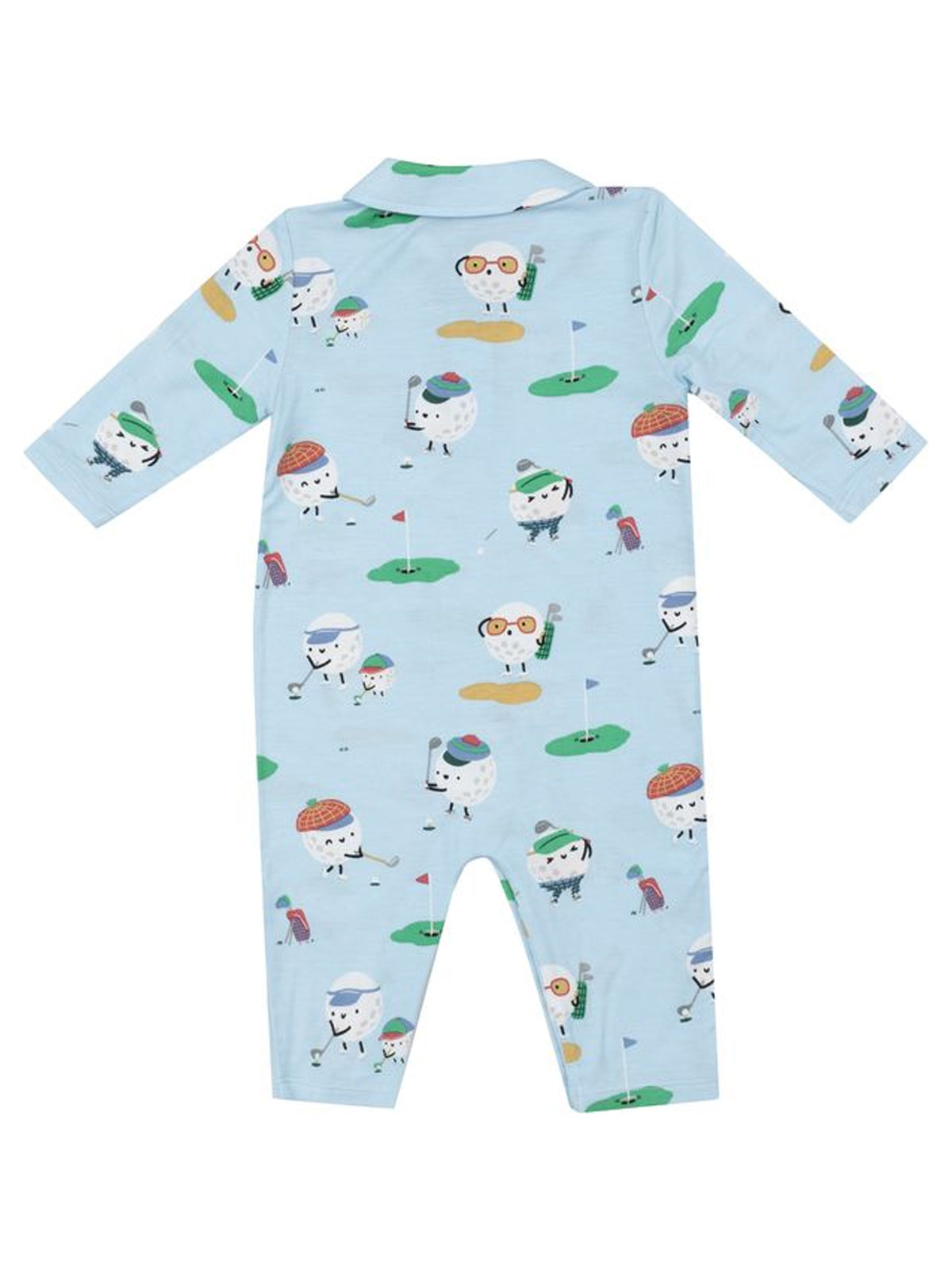 Light blue romper featuring cheerful cartoon golf balls in various hats and accessories on a playful golf course background.