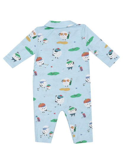 Light blue romper featuring cheerful cartoon golf balls in various hats and accessories on a playful golf course background.