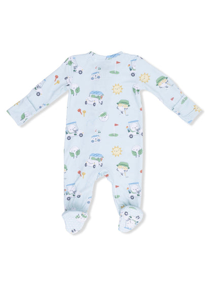 Baby pajama onesie in light blue with playful print of sun, cars, and friendly characters.