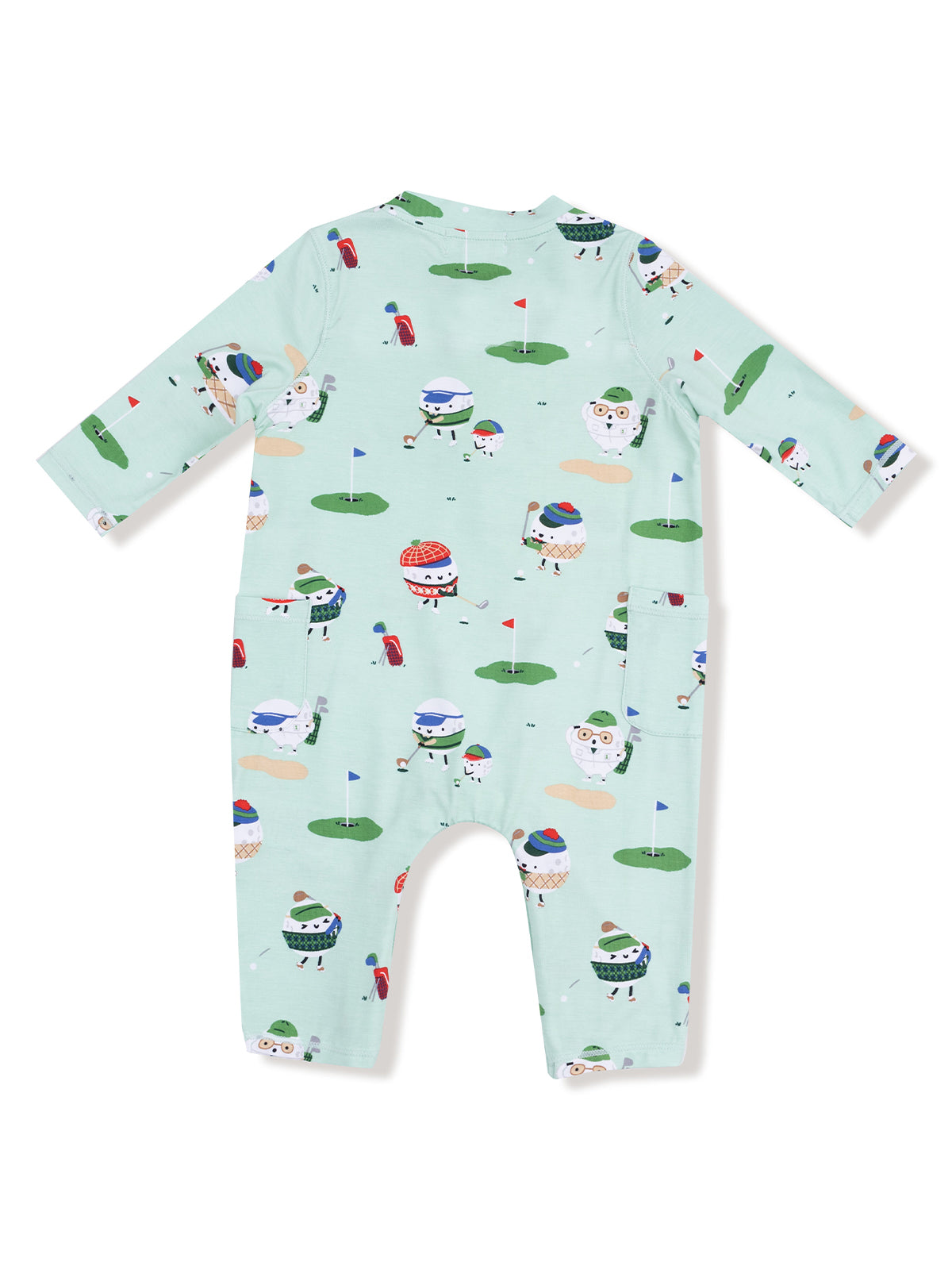 Light blue baby romper with golf-themed prints of cute characters in playful hats and golf gear.