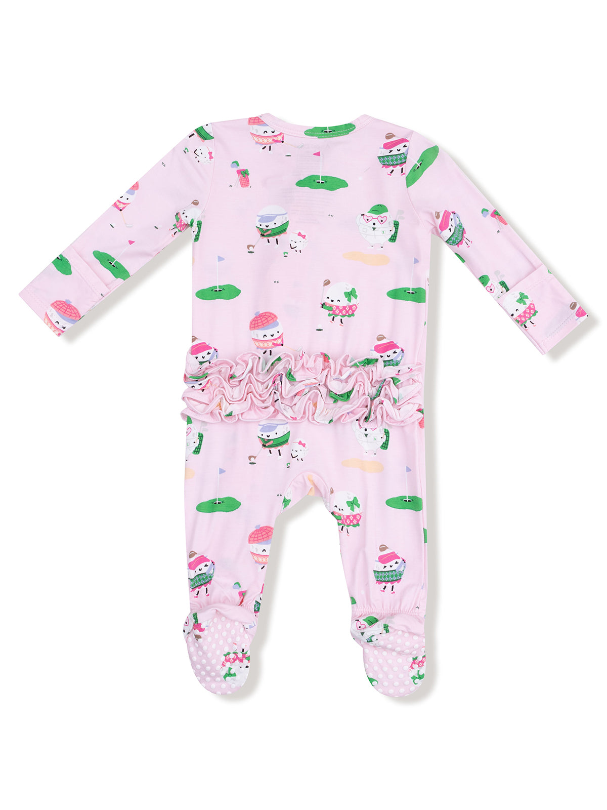 Pink baby romper with ice cream and golf motifs, featuring ruffled detail at the back and polka dot footed sleeves.