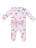 Pink baby romper with ice cream and golf motifs, featuring ruffled detail at the back and polka dot footed sleeves.