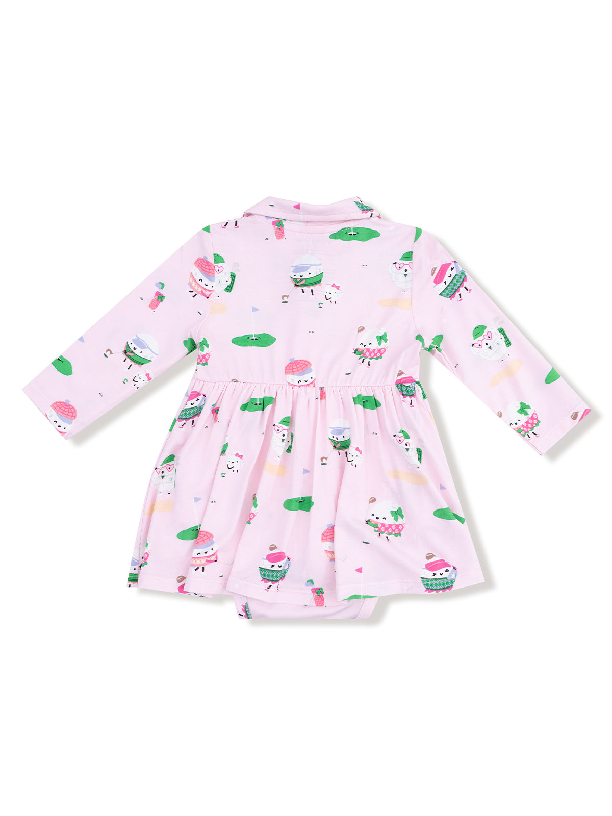 Pink dress with long sleeves, featuring playful cupcake and ice cream prints on a light background.