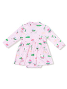 Pink dress with long sleeves, featuring playful cupcake and ice cream prints on a light background.